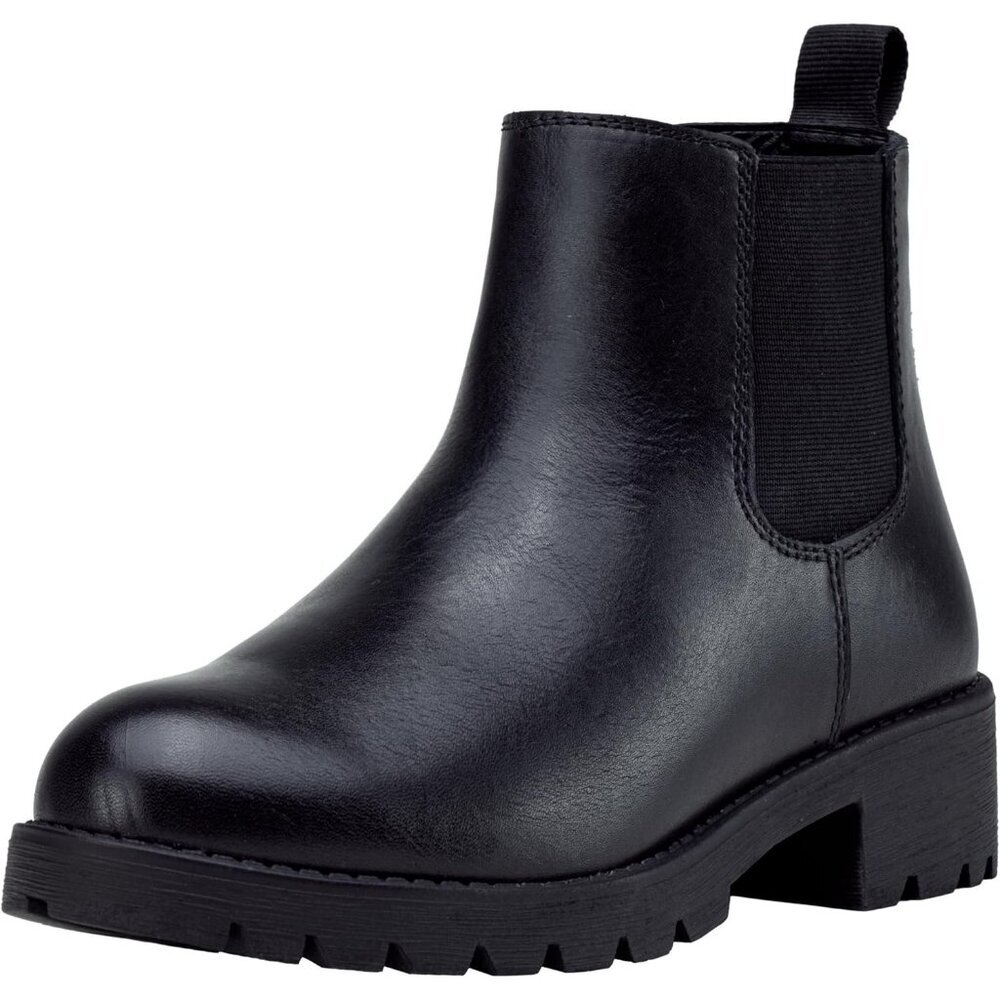 Vepose Women's Black Leather Chunky Block Heel Chelsea Ankle Pull-On Booties